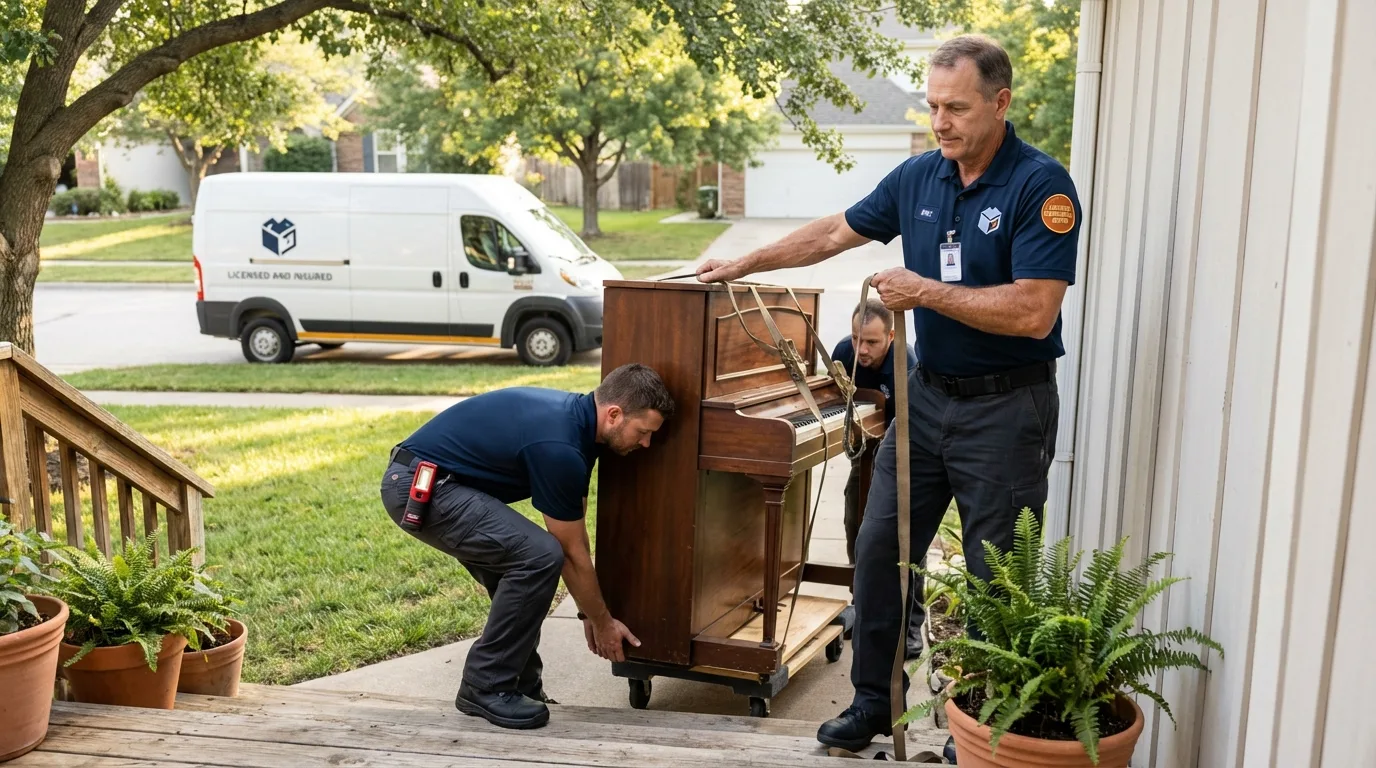 Licensed piano movers securing grand piano in Sparta, WI