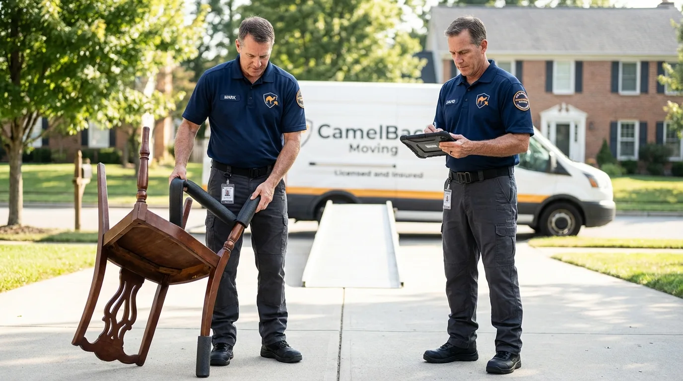 Movers inspecting furniture for damage prevention before loading in Sparta, WI