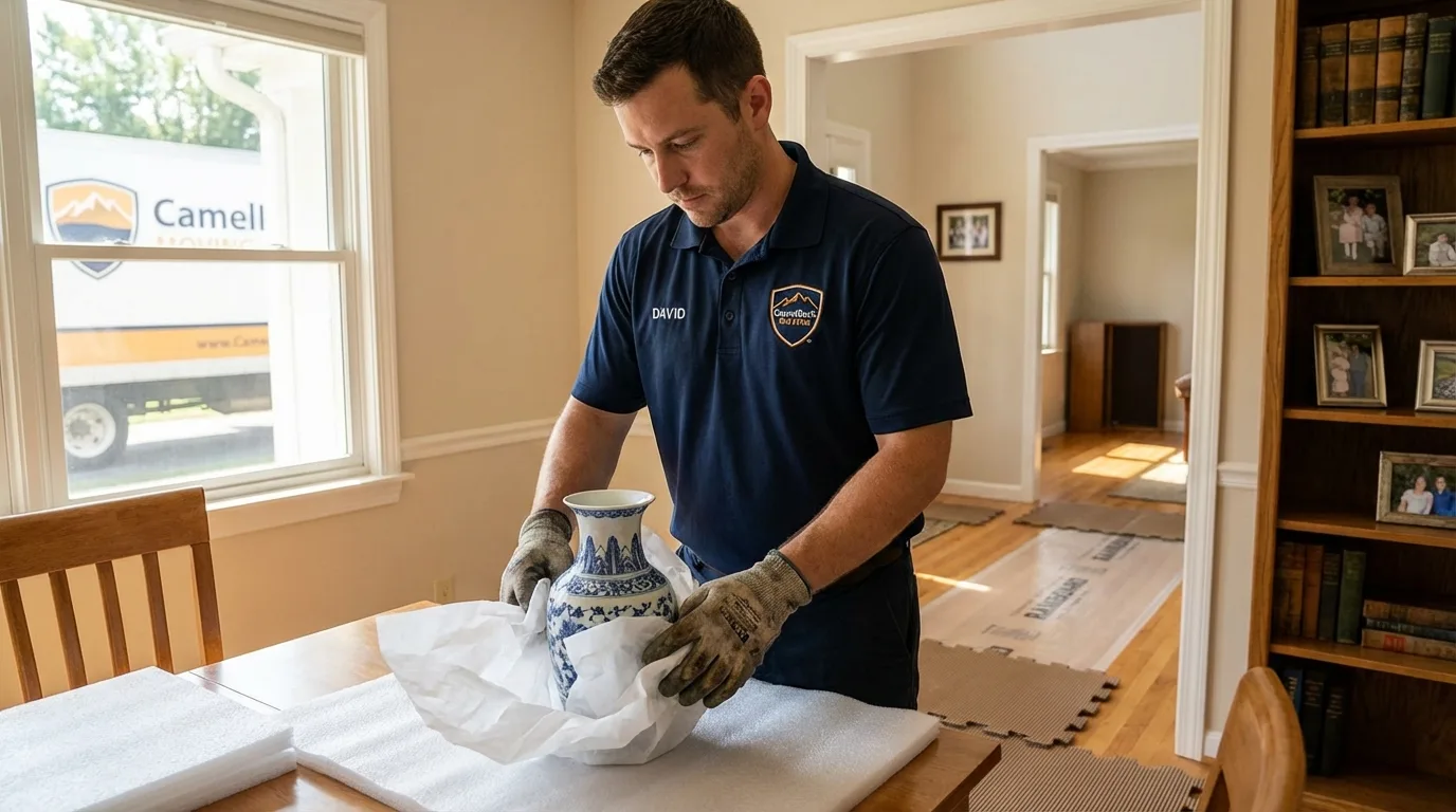 Professional crew carefully wrapping antique vase for senior downsizing move in Sparta, WI